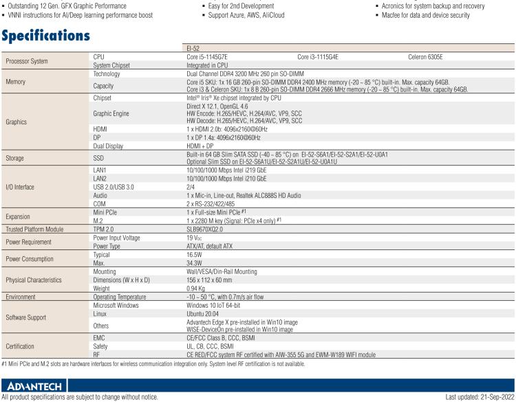 研華EI-52 研華EI-52，邊緣計算系統(tǒng)，支持 Intel 11th gen CPU，可選 Core i5 /i3 /Celeron 處理器，具備豐富擴展接口 2 x LAN，2 x COM，6 x USB等，內(nèi)部可以通過 miniPCIe 或 M.2 擴展AI加速卡實現(xiàn)工業(yè)AI機器視覺，搭載5G通訊模塊。