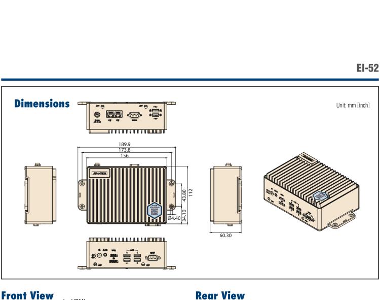 研華EI-52 研華EI-52，邊緣計算系統(tǒng)，支持 Intel 11th gen CPU，可選 Core i5 /i3 /Celeron 處理器，具備豐富擴展接口 2 x LAN，2 x COM，6 x USB等，內(nèi)部可以通過 miniPCIe 或 M.2 擴展AI加速卡實現(xiàn)工業(yè)AI機器視覺，搭載5G通訊模塊。