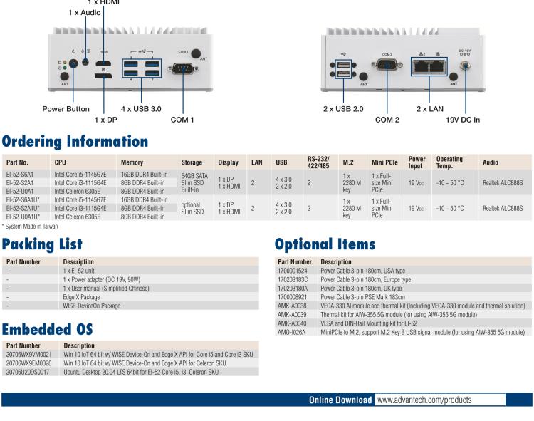研華EI-52 研華EI-52，邊緣計算系統(tǒng)，支持 Intel 11th gen CPU，可選 Core i5 /i3 /Celeron 處理器，具備豐富擴展接口 2 x LAN，2 x COM，6 x USB等，內(nèi)部可以通過 miniPCIe 或 M.2 擴展AI加速卡實現(xiàn)工業(yè)AI機器視覺，搭載5G通訊模塊。