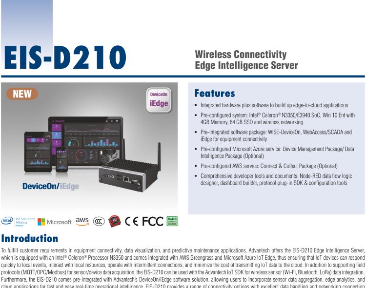 研華EIS-D210 研華EIS-D210，邊緣計算系統(tǒng)網關，Intel Celeron N3350 Dual Core SoC，最高支持 8 GB內存，低功耗邊緣智能設備，具備豐富擴展接口 2 x LAN，2 x COM，4 x USB，1 x VGA等，搭配 Wifi 或 4G 模塊，可以實現(xiàn)無線數(shù)據傳輸，體積非常小