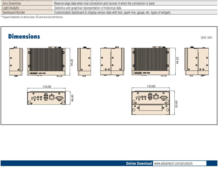 研華EIS-D210 研華EIS-D210，邊緣計算系統(tǒng)網關，Intel Celeron N3350 Dual Core SoC，最高支持 8 GB內存，低功耗邊緣智能設備，具備豐富擴展接口 2 x LAN，2 x COM，4 x USB，1 x VGA等，搭配 Wifi 或 4G 模塊，可以實現(xiàn)無線數(shù)據傳輸，體積非常小