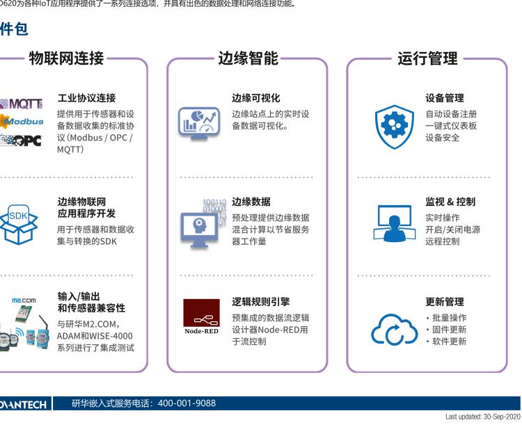 研華EIS-D620 研華EIS-D620，邊緣計算系統(tǒng)網(wǎng)關(guān)，基于Rockchip RK3399處理器，板載2GB內(nèi)存，16GB eMMC 存儲，低功耗邊緣智能設(shè)備，具備豐富擴展接口 2 x LAN，1 x COM，1 x USB，2 x HDMI等，體積非常小巧，適用于邊緣設(shè)備控制及數(shù)據(jù)采集等應(yīng)用場景。