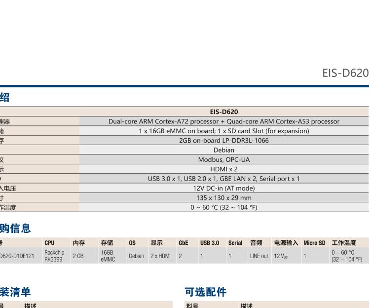 研華EIS-D620 研華EIS-D620，邊緣計算系統(tǒng)網(wǎng)關(guān)，基于Rockchip RK3399處理器，板載2GB內(nèi)存，16GB eMMC 存儲，低功耗邊緣智能設(shè)備，具備豐富擴展接口 2 x LAN，1 x COM，1 x USB，2 x HDMI等，體積非常小巧，適用于邊緣設(shè)備控制及數(shù)據(jù)采集等應(yīng)用場景。