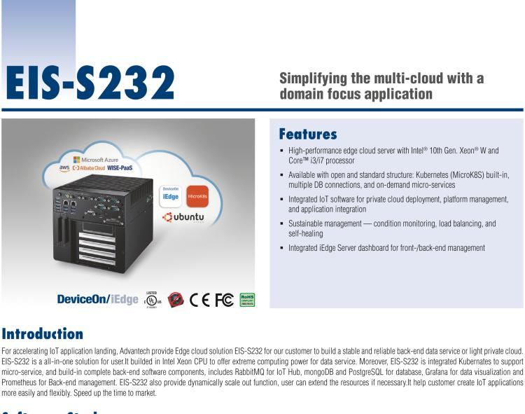 研華EIS-S232 研華 EIS-S232，邊緣計算系統(tǒng)服務器，支持Intel 第十代處理器，可選i3/i5/i7 Xeon CPU，DDR4 最高32GB，最多可支持4 x 2.5寸硬盤，具備豐富擴展接口 2 x LAN，6 x COM，8 x USB，1 x PCIE，2 x PCI。產(chǎn)品生命周期長，穩(wěn)定可靠。