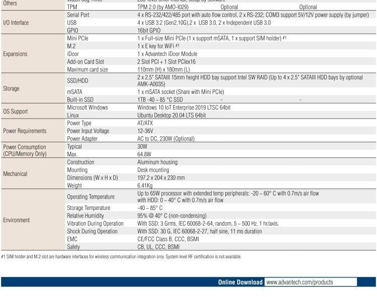 研華EIS-S232 研華 EIS-S232，邊緣計算系統(tǒng)服務器，支持Intel 第十代處理器，可選i3/i5/i7 Xeon CPU，DDR4 最高32GB，最多可支持4 x 2.5寸硬盤，具備豐富擴展接口 2 x LAN，6 x COM，8 x USB，1 x PCIE，2 x PCI。產(chǎn)品生命周期長，穩(wěn)定可靠。