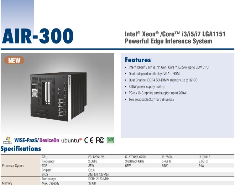 研華AIR-300 支持Intel Xeon / 6/7代Core?i3/i5/i7處理器，AI計算平臺，可擴展 PCIe x16 GPU全尺寸卡