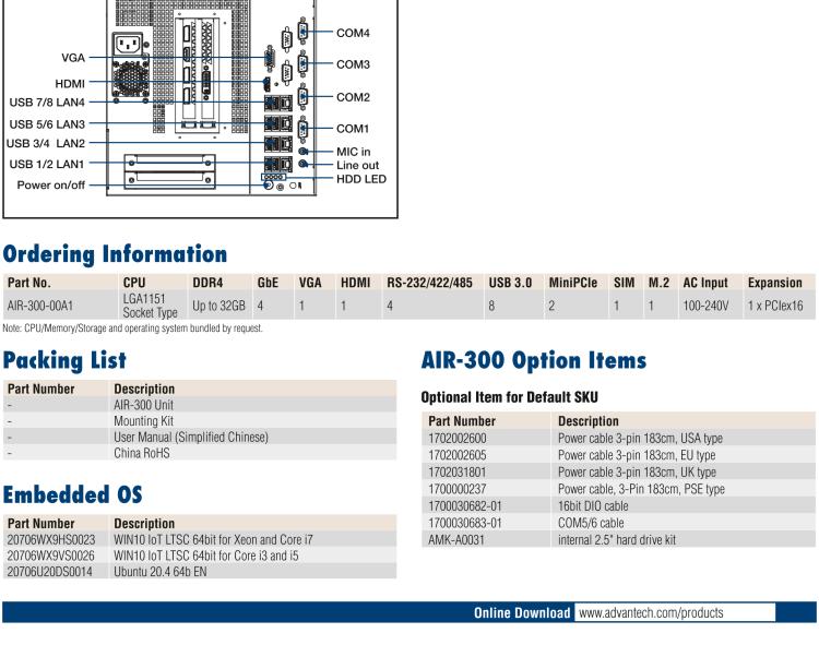 研華AIR-300 支持Intel Xeon / 6/7代Core?i3/i5/i7處理器，AI計算平臺，可擴展 PCIe x16 GPU全尺寸卡