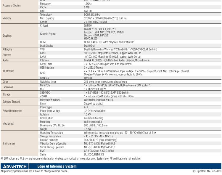 研華AIR-200 基于Intel Core i5-6442EQ處理器，AI計算平臺，內(nèi)置Myriad X VPU * 2