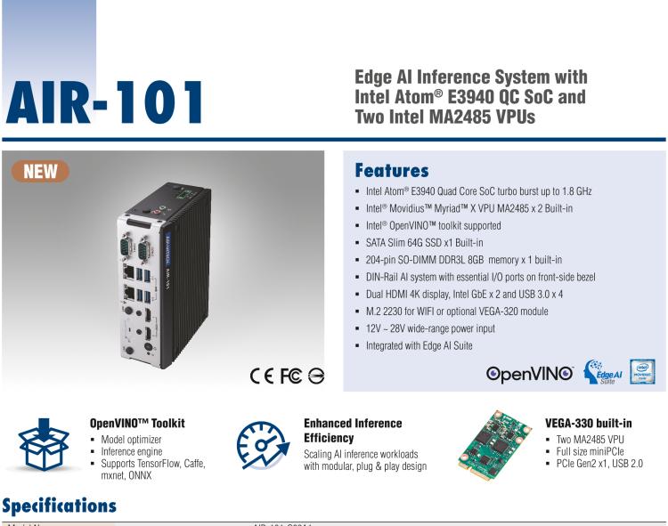 研華AIR-101 基于Intel Atom E3940處理器，AI計算平臺，內(nèi)置Myriad X VPU * 2