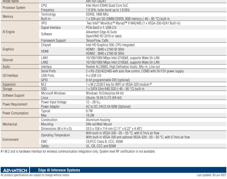 研華AIR-101 基于Intel Atom E3940處理器，AI計算平臺，內(nèi)置Myriad X VPU * 2