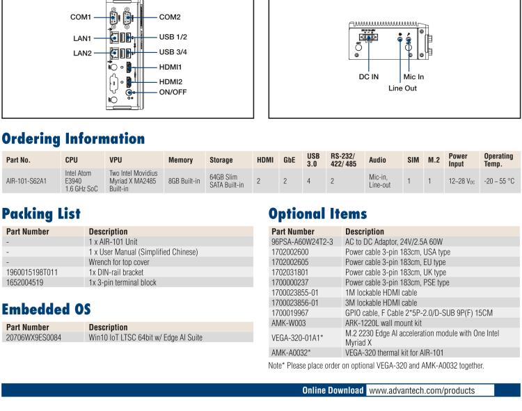 研華AIR-101 基于Intel Atom E3940處理器，AI計算平臺，內(nèi)置Myriad X VPU * 2