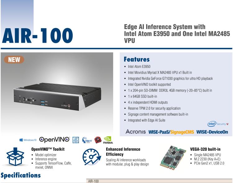 研華AIR-100 基于Intel Atom E3950處理器，AI計(jì)算平臺(tái)，內(nèi)置Myriad X VPU * 1