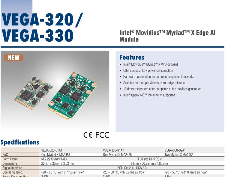研華VEGA-330 基于Intel Movidius? Myriad? X VPU，miniPCIe Edge AI 模塊，VPU*2