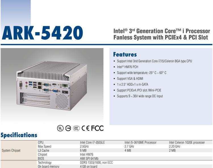 研華ARK-5420 Intel? 第三代 Core? i 處理器無風(fēng)扇嵌入式工控機(jī)，支持 PCIEx4 & PCI