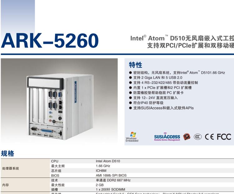研華ARK-5260 Intel?Atom?D510無風扇嵌入式工控機，支持雙PCI/PCIe擴展和雙移動硬盤