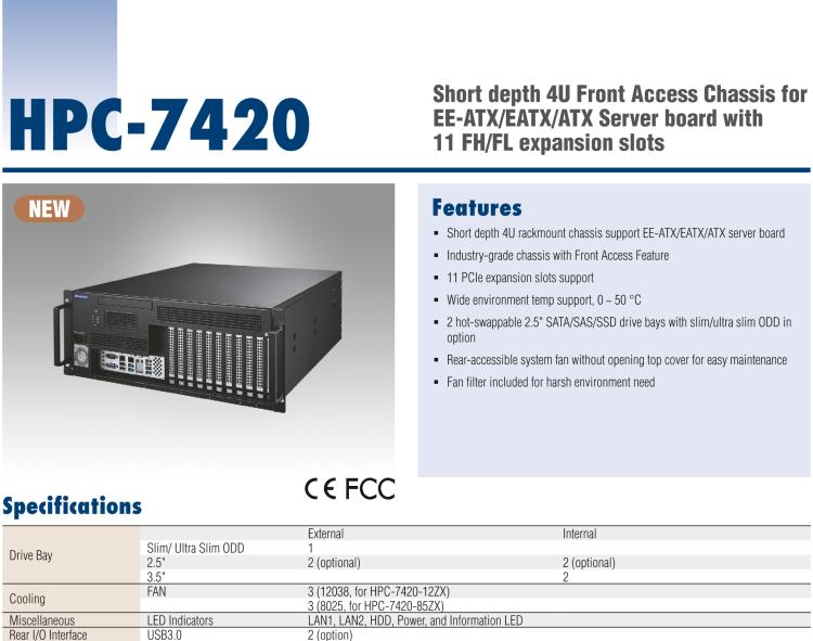 研華HPC-7420 用于EE-ATX/EATX/ATX主板的4U 短深度服務器機箱，帶有11個FH/FL擴展插槽