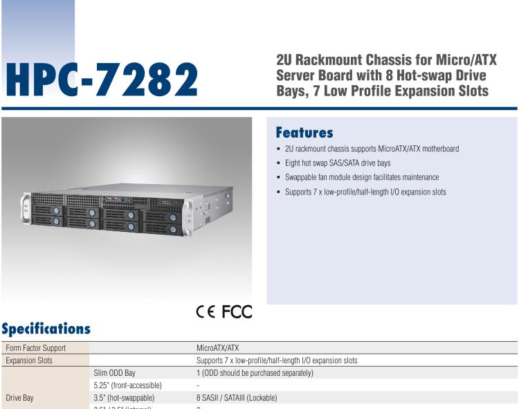 研華HPC-7282 2U 機(jī)架式機(jī)箱，適用于 Micro/ATX 服務(wù)器主板，支持8個(gè)2.5寸/3.5寸熱插拔硬盤，7個(gè)半高擴(kuò)展槽