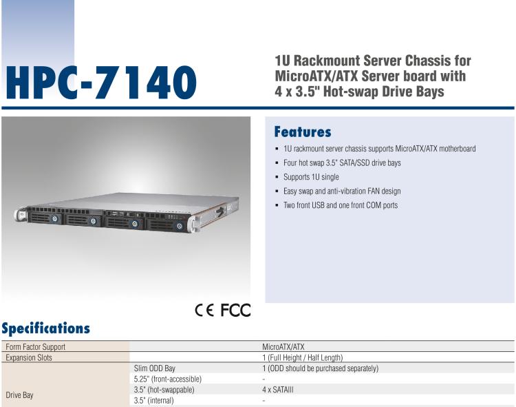 研華HPC-7140 1U 機(jī)架式服務(wù)器機(jī)箱，適用于 MicroATX/ATX 服務(wù)器主板，支持4個(gè)3.5"熱插拔盤位，1個(gè)全長/半長PCI-E x16擴(kuò)展插槽