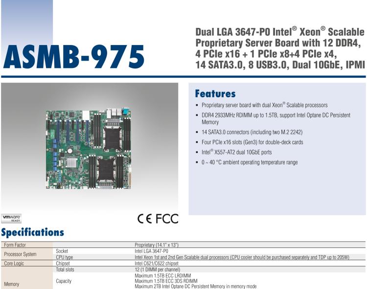 研華ASMB-975 雙路LGA3647-P0 Intel? Xeon? Scalable 服務(wù)器主板，帶12個 DDR4, 4個 PCIe x16 + 1個 PCIe x8 + 4 個PCIx4, 14 個 SATA3, 8 個USB3.0, Dual 10GbE, IPMI