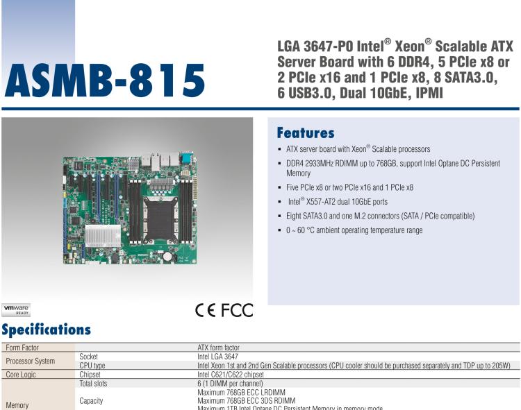 研華ASMB-815 單路LGA 3647-P0 Intel? Xeon? Scalable ATX 服務(wù)器主板，帶 6 個DDR4, 5 個PCIe x8 或者 2 個PCIe x16 和 1個 PCIe x8, 8 個SATA3, 6 個USB3.0, Dual 10GbE, IPMI
