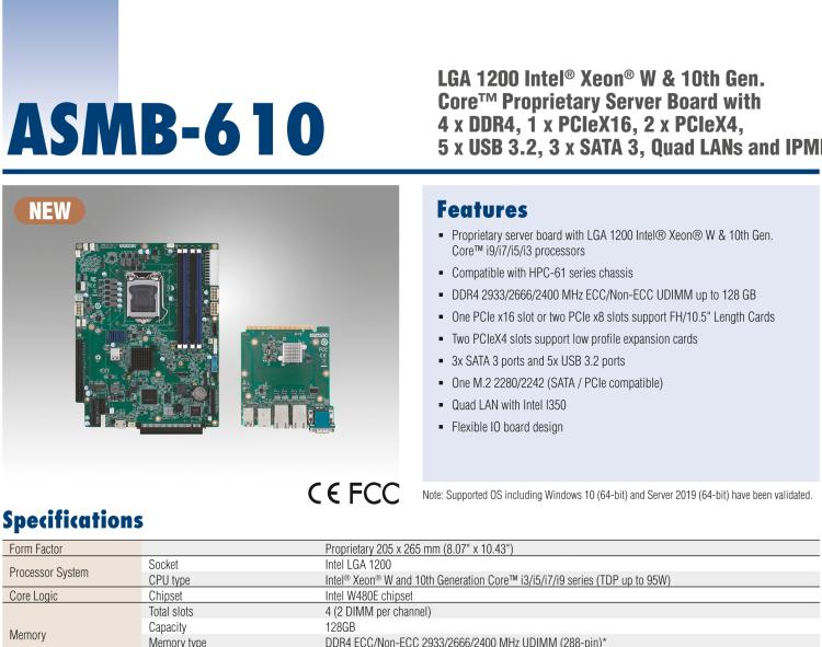 研華ASMB-610 LGA 1200 Intel? Xeon? W & 第十代 Core?專用服務(wù)器主板，帶4 x DDR4, 1 x PCIeX16, 2 x PCIeX4, 5 x USB 3.2, 3 x SATA 3, Quad LANs and和 IPMI