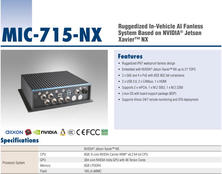 研華MIC-715 加固型AI 推理平臺(tái)，基于英偉達(dá)Jetson? Xavier NX，IP67防護(hù)等級(jí)