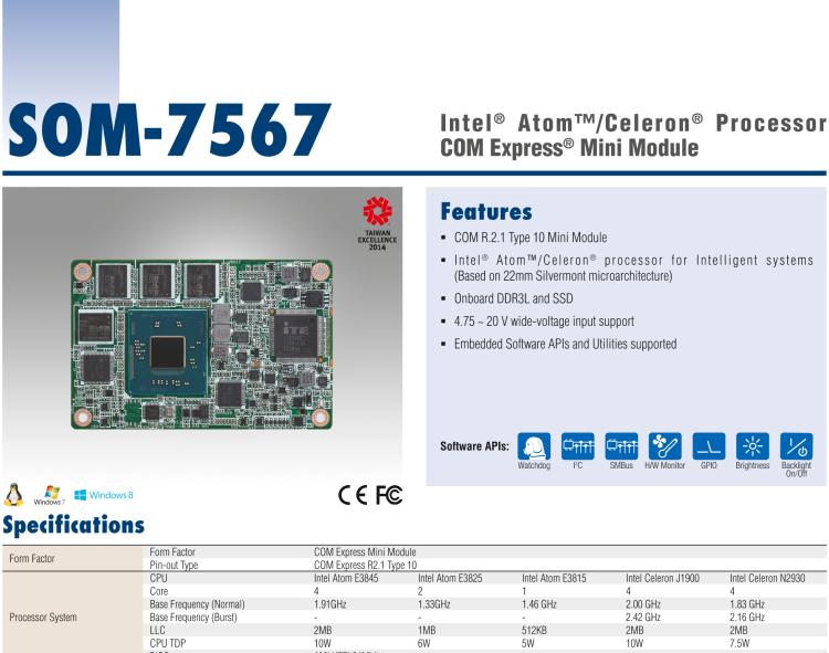 研華SOM-7567 Intel? Atom?/Celeron? 處理器，COM-Express Mini 模塊
