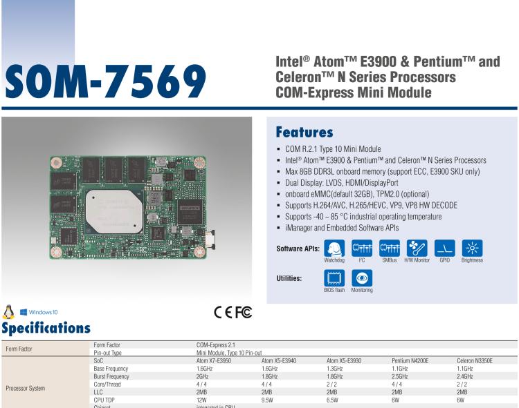 研華SOM-7569 Intel? Atom? E3900 & Pentium? 和 Celeron? N 系列處理器，COM-Express Mini 模塊