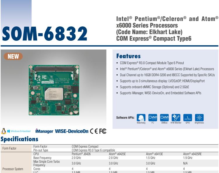 研華SOM-6832 Intel Pentium/Celeron 及 Atom x6000系列（Elkhart Lake）處理器，COM Express? Compact Type 6 模塊