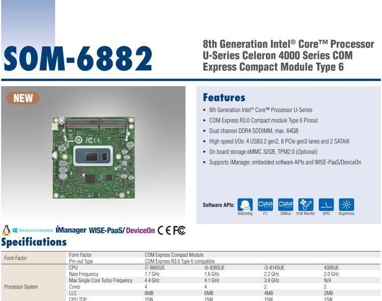 研華SOM-6882 第八代 Intel?Core 處理器，COM Express Compact R3.0 Type 6 模塊