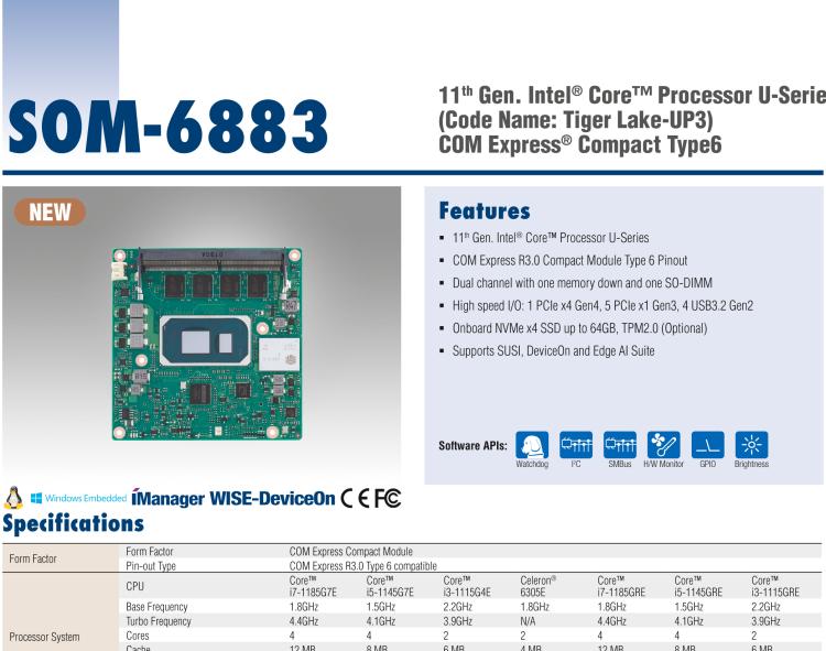 研華SOM-6883 第十一代Intel? Core?處理器U系列（代號(hào)：Tiger Lake-UP3），COM Express? Compact Type6