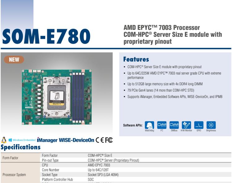 研華SOM-E780 AMD EPYC? 7003 COM-HPC? Server Size E 模塊，具有專有引腳