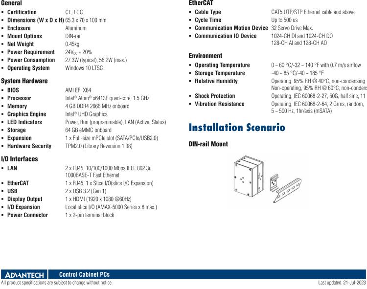 研華AMAX-357 超微型EtherCAT運(yùn)動(dòng)控制器，基于PC架構(gòu)開發(fā)，配置了Intel Atom處理器，具有64GB eMMC、2 x LAN、2 x USB和Slice IO擴(kuò)展