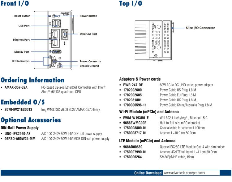 研華AMAX-357 超微型EtherCAT運(yùn)動(dòng)控制器，基于PC架構(gòu)開發(fā)，配置了Intel Atom處理器，具有64GB eMMC、2 x LAN、2 x USB和Slice IO擴(kuò)展