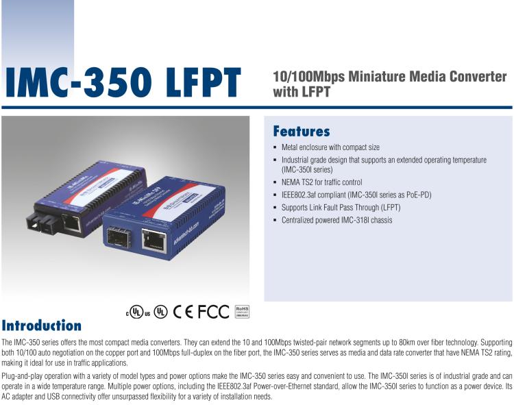 研華IMC-350-SFP-PS-A 緊湊型光電轉(zhuǎn)換器，100Base-TX/FX，SFP，AC適配器（也被稱為BB-855-10619）