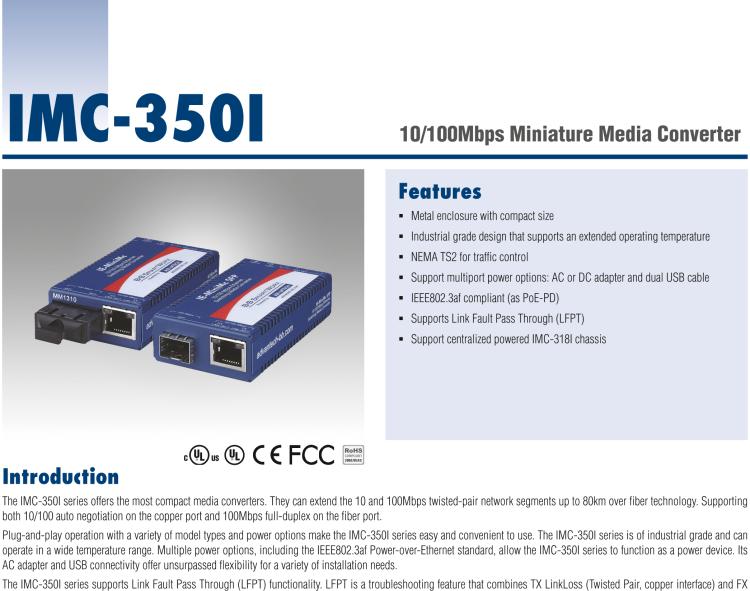 研華IMC-350I-MM-A 緊湊型光電轉(zhuǎn)換器，支持寬溫，100Base-TX/FX，多模1300nm，LFPT，5km，SC type
