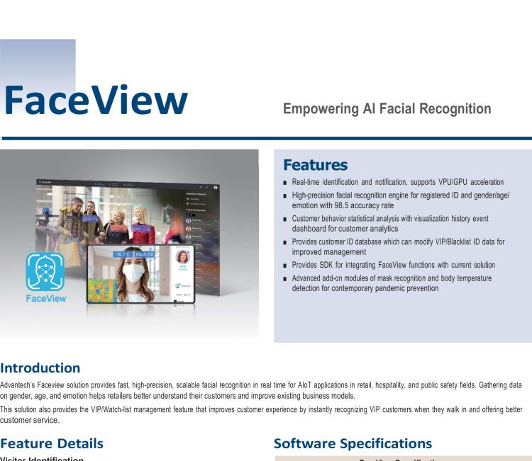 研華FaceView 研華 DeviceOn.FaceView是基于研華 IoT 設(shè)備的人臉識(shí)別軟件，支持性別、年齡、情感的數(shù)據(jù)收集，支持VPU/GPU加速。FaceView軟件在最新版本中正確識(shí)別率提升到了99.7%，可以支持遮擋檢測(cè)，也就是是否正確佩戴口罩，再搭配專(zhuān)業(yè)測(cè)溫?cái)z像頭情況下，可以實(shí)現(xiàn)測(cè)量體溫。