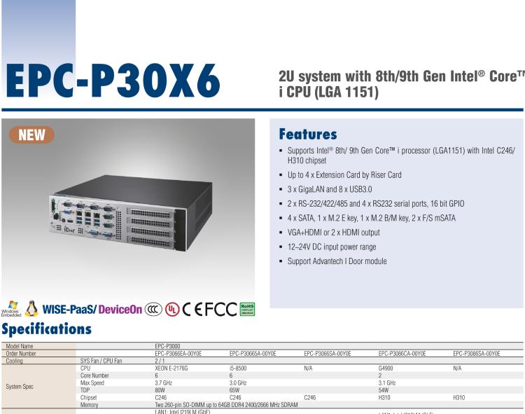 研華EPC-P3086 適配Intel? 第8/9代 Core i 系列處理器，搭載H310芯片組。2U高度，支持全長PCIe x16擴展卡。接口豐富，性能強勁。