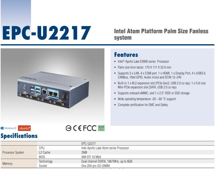 研華EPC-U2217 Intel Atom第六代Apollo Lake無風(fēng)扇嵌入式工控機(jī)，3LAN，板載eMMC，CANBUS