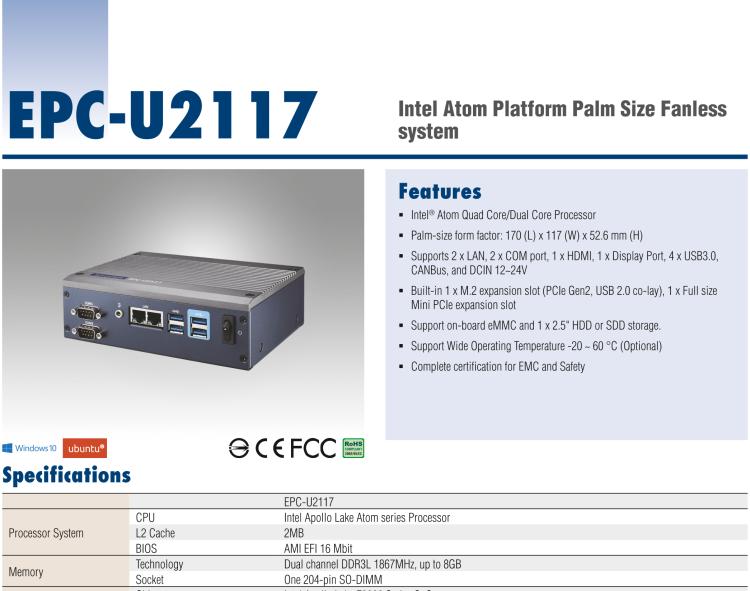 研華EPC-U2117 Intel Atom第六代Apollo Lake無(wú)風(fēng)扇嵌入式工控機(jī)，板載eMMC，CANBUS