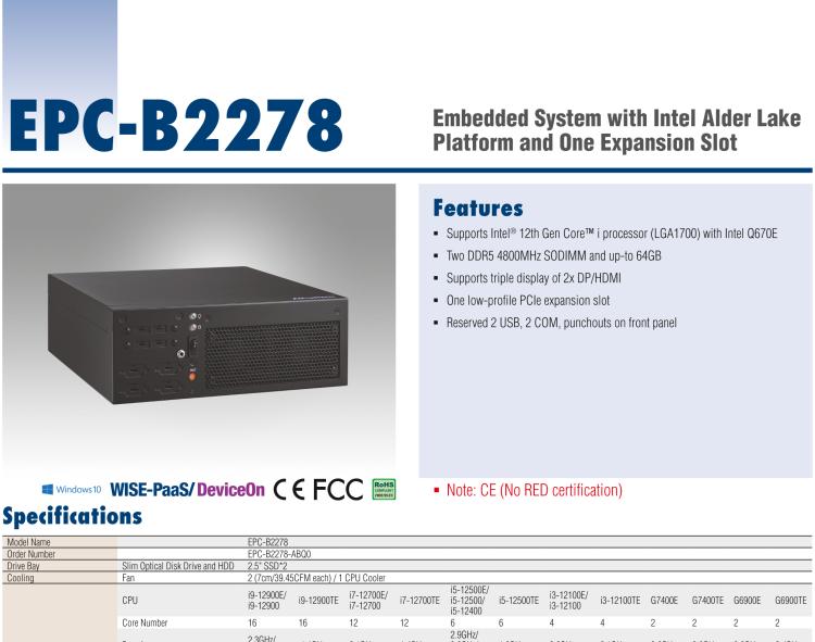 研華EPC-B2278 適配Intel 第12代 Core i 系列處理器，搭載Q670E芯片組。2U高度，精簡(jiǎn)尺寸，性能強(qiáng)勁，是小尺寸高性能場(chǎng)景的理想解決方案。