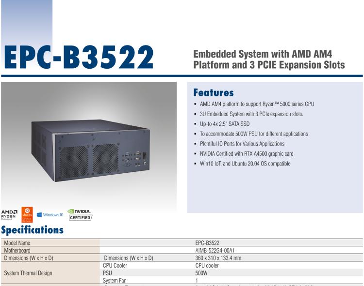 研華EPC-B3522 適配AMD Ryzen AM4 5000系列處理器，搭載X570芯片組，搭配NVIDIA? RTX-A4500顯卡。3U高度，提供高端圖像處理應用的解決方案。