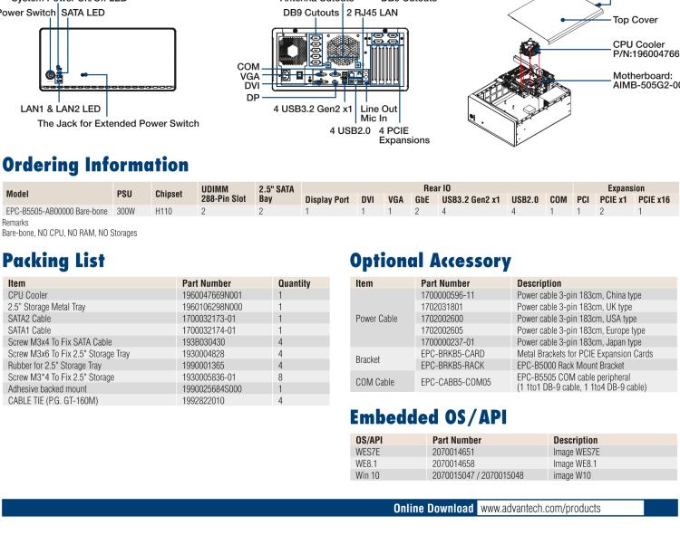 研華EPC-B5505 適配Intel? 第6/7代 Core ? i/Xeon E3系列處理器，搭載H110芯片組。標(biāo)準(zhǔn)4U上架，廣泛適用于各種行業(yè)。