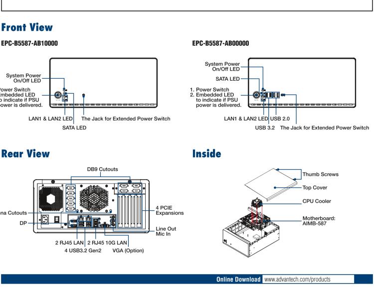研華EPC-B5587 適配Intel? 第10代 Core i / Xeon W系列處理器，搭載W480E芯片組。標(biāo)準(zhǔn)4U上架，工業(yè)級(jí)品質(zhì)，穩(wěn)定可靠。廣泛適用于高端AI服務(wù)器等應(yīng)用。