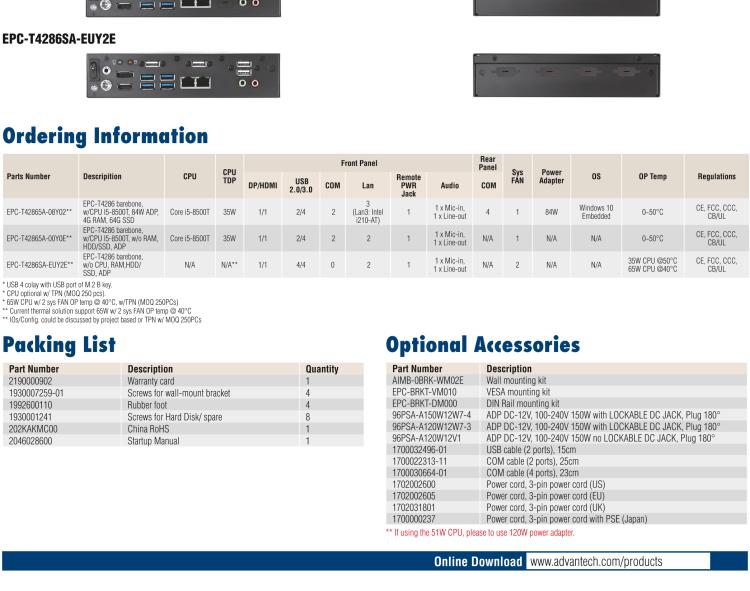 研華EPC-T4286 適配Intel? 第8/9代 Core? i 系列處理器，搭載H310芯片組。1U超薄高度，性能強勁。