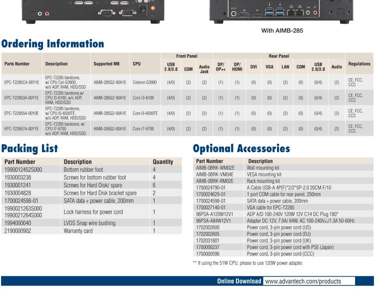 研華EPC-T2285 適配Intel? 第6/7代 Core? i 系列處理器，搭載H110芯片組。1U超薄高度，性能強勁。