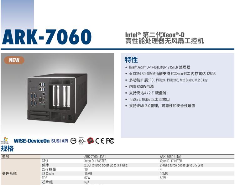 研華ARK-7060 搭載Intel二代Xeon D-1700高性能處理器系統(tǒng)，具有3個擴(kuò)展插槽