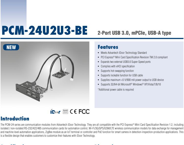 研華PCM-24U2U3 2端口USB 3.0，mPCIe，USB-A型