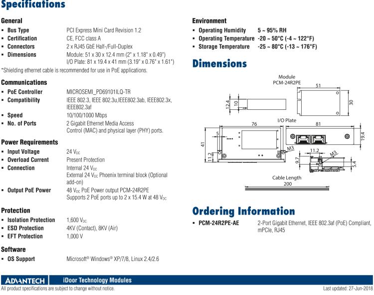 研華PCM-24R2PE 2端口千兆以太網(wǎng)，兼容IEEE 802.3af（PoE），mPCIe，RJ45