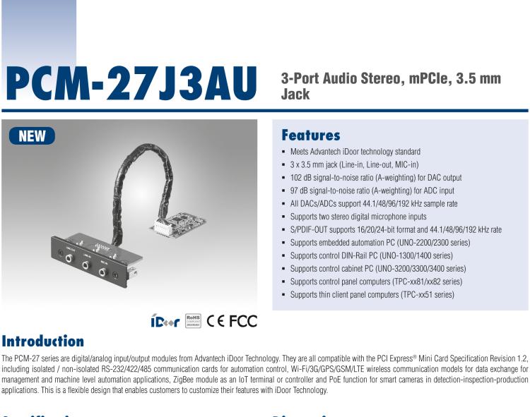 研華PCM-27J3AU 3端口立體聲音頻，mPCIe，3.5毫米插孔